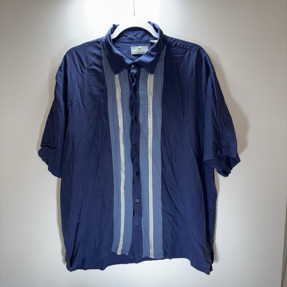 Bobby Chan Men's Silk Blend Blue 2XL Retro Casual Resort Cuban Relaxed Fit